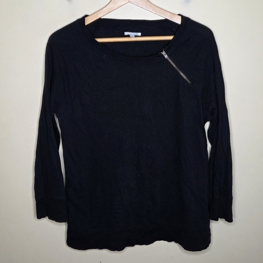 Halogen | Black 100% Cotton Lightweight Long Sleeve Top Zipper Detail Size Large